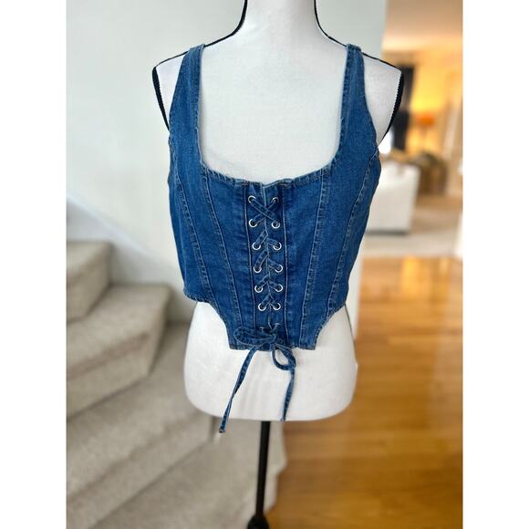 Lone Star Denim Lace Up Cropped Corset Western Cowgirl Whimsygoth Rodeo - Picture 1 of 5